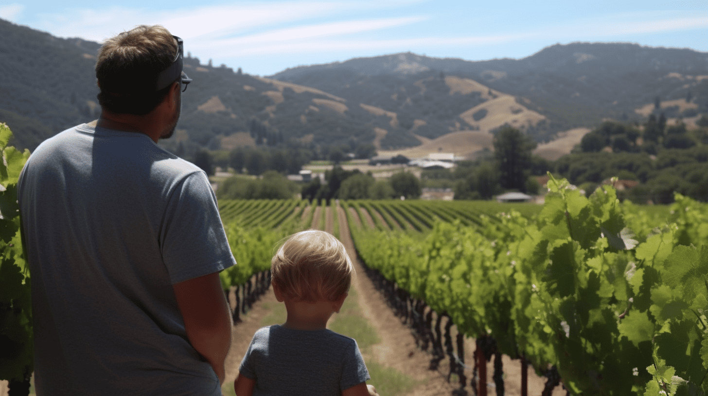 Dad with child looking out into the vineyards