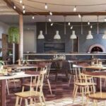 exterior of fleetwood with tables, bar and pizza oven