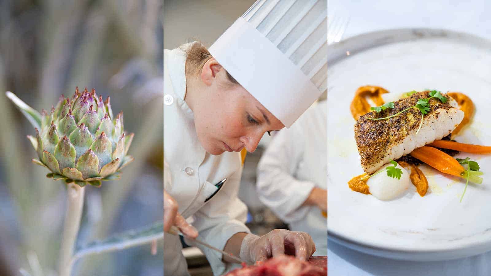 chef preparing plate of food, plate of food, and flower