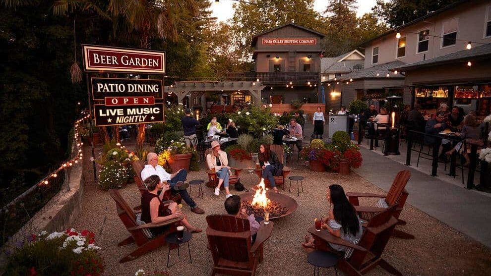 calistoga inn patio with people around campfire