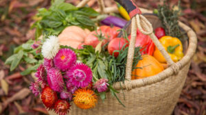 basket of flower and vegetables
