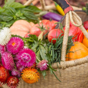 basket of flower and vegetables