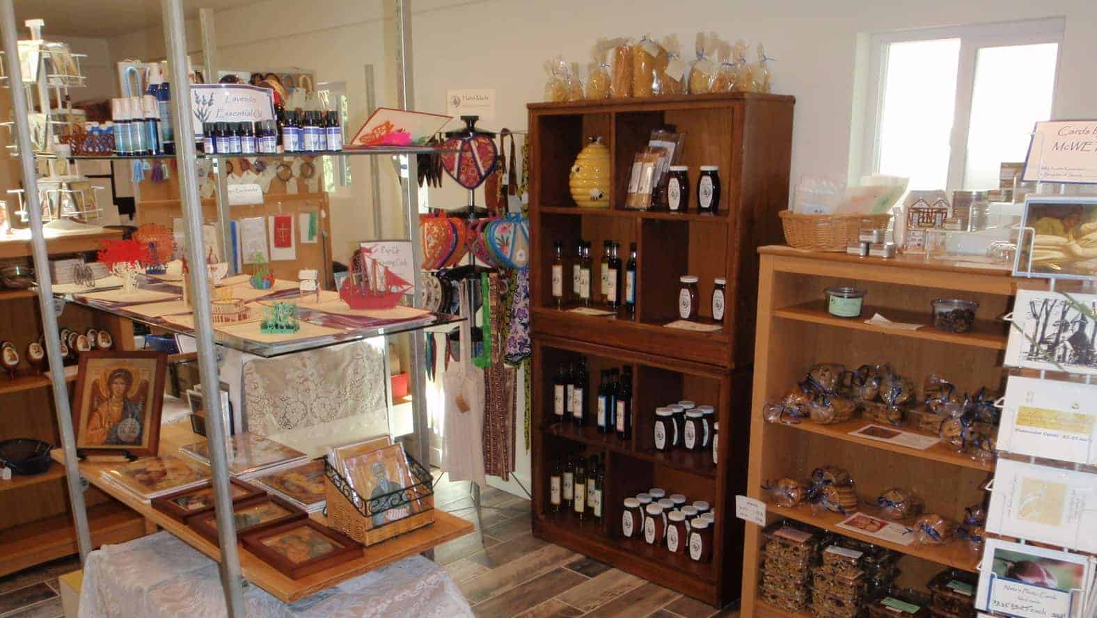 Inside Monastery books and gifts, merchandise displayed in shelves