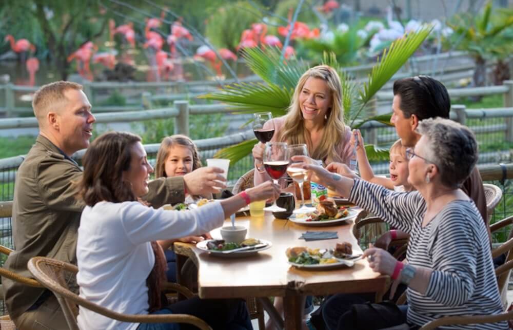 family cheersing over dinner table outdoors