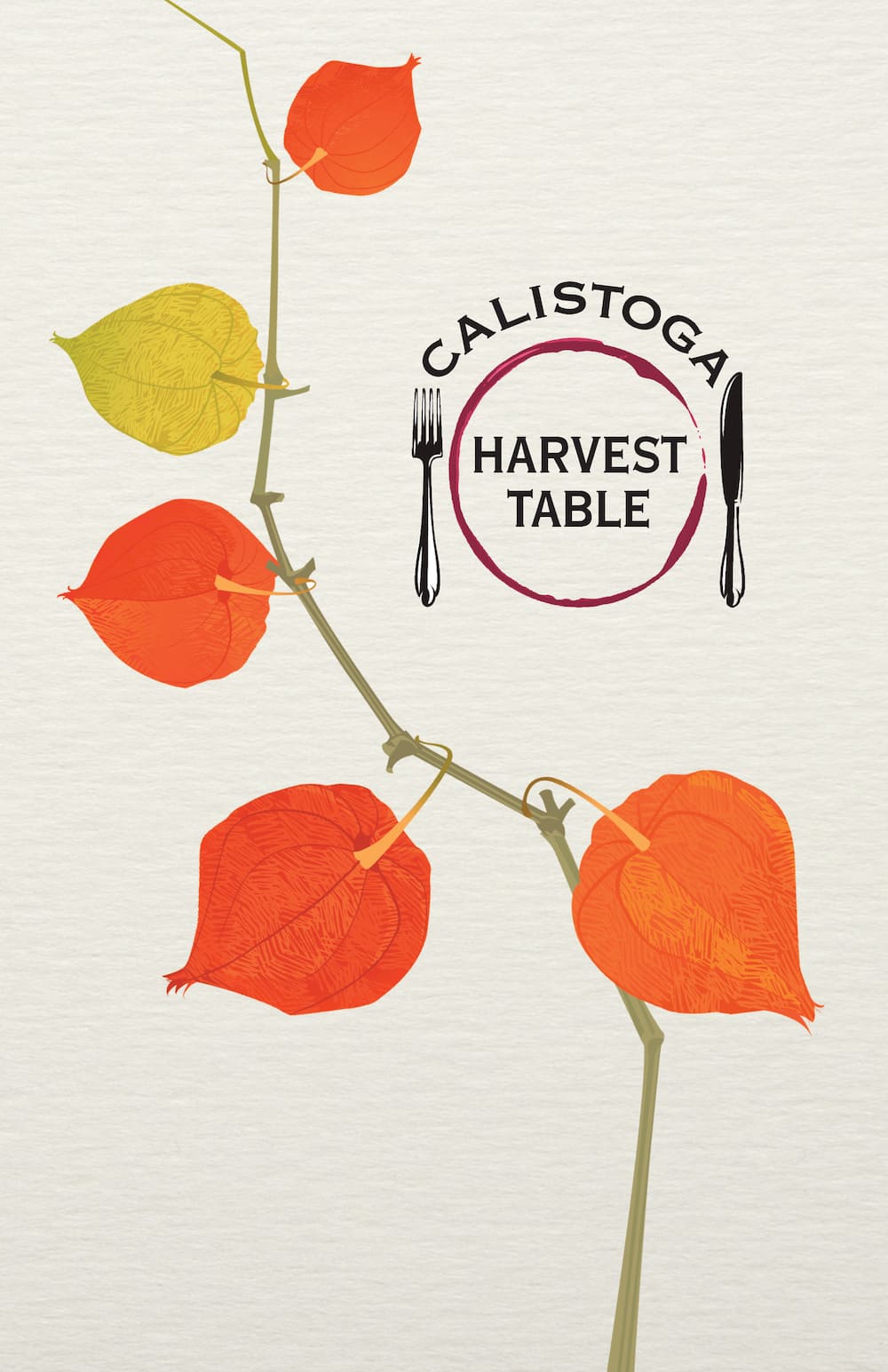 cover of the Harvest Table Brochure - design of vine in fall shades, with a logo saying "calistoga Harvest Table"