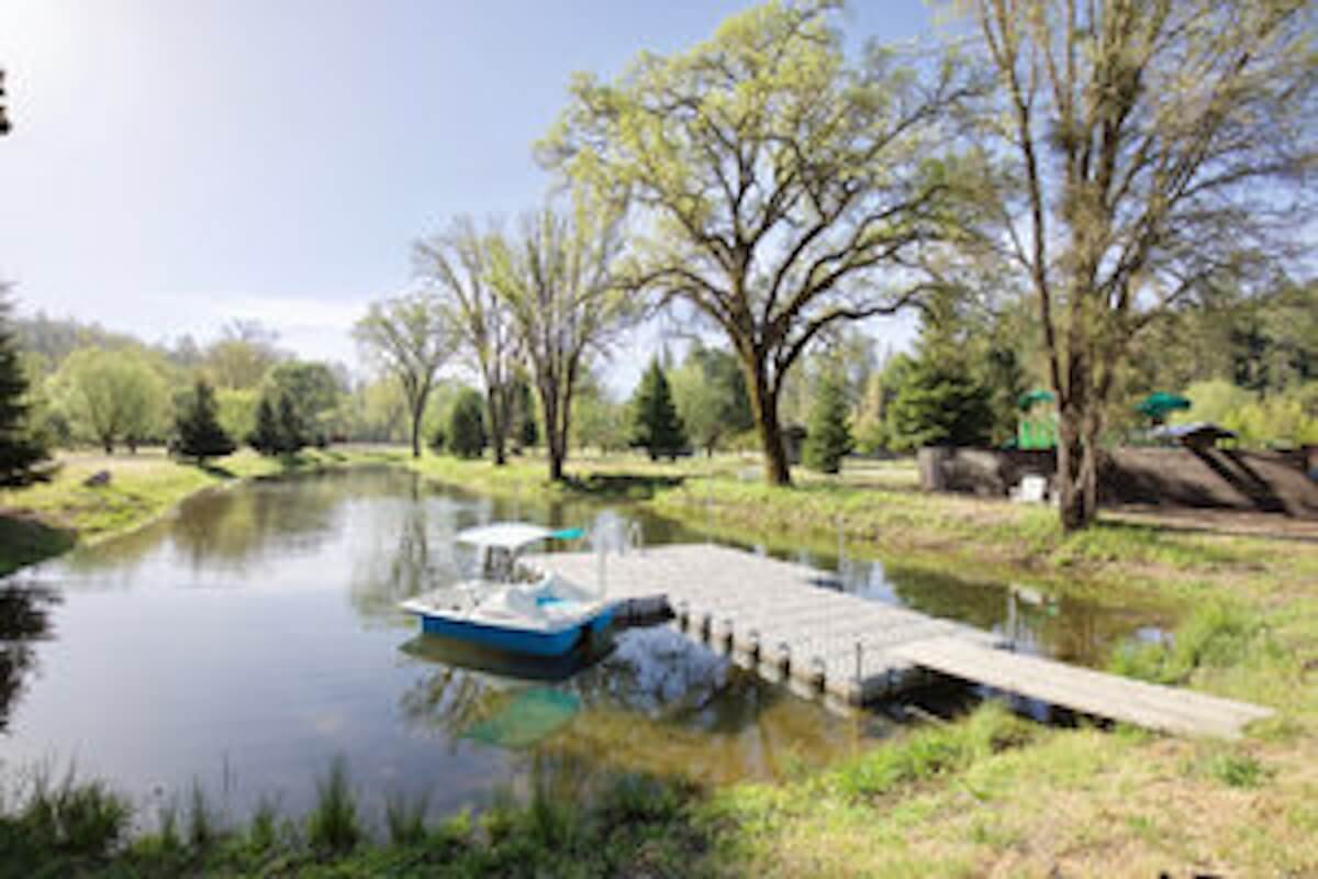 image of a lake, grass, trees and a small deck with a boat