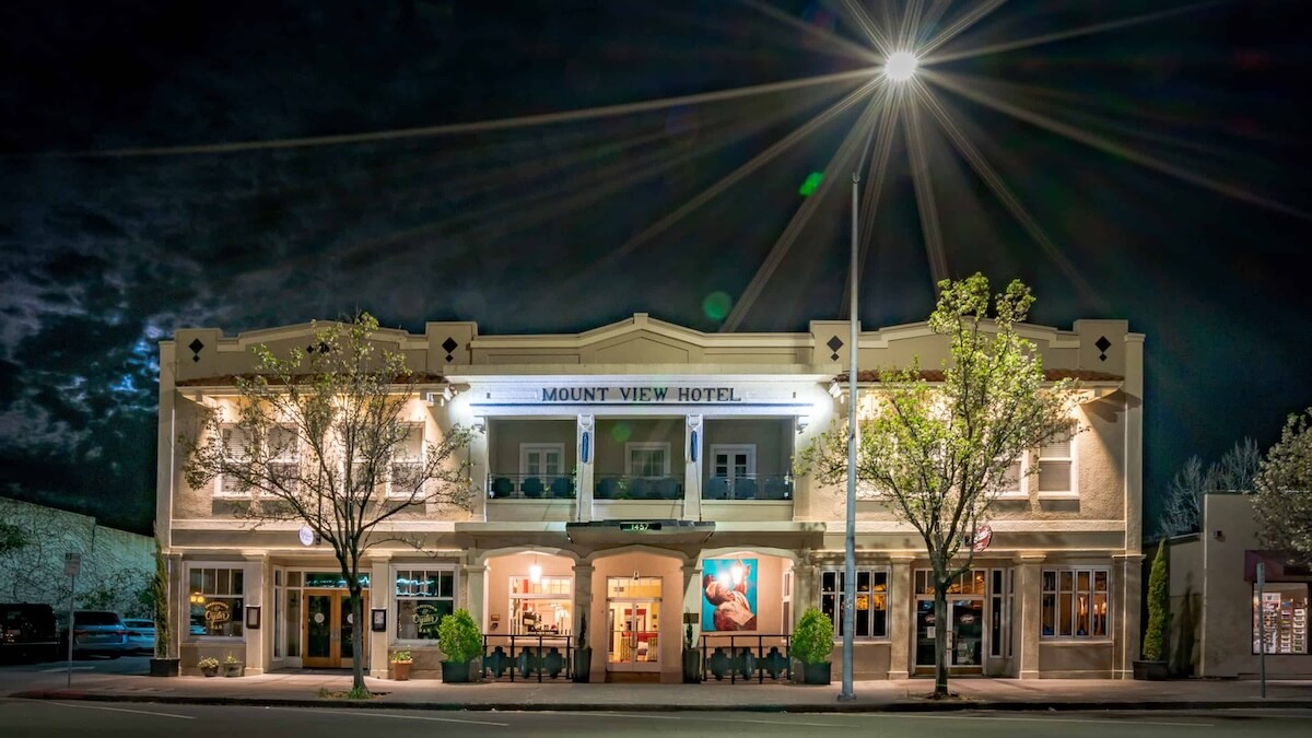 facade of the mount view hotel at night