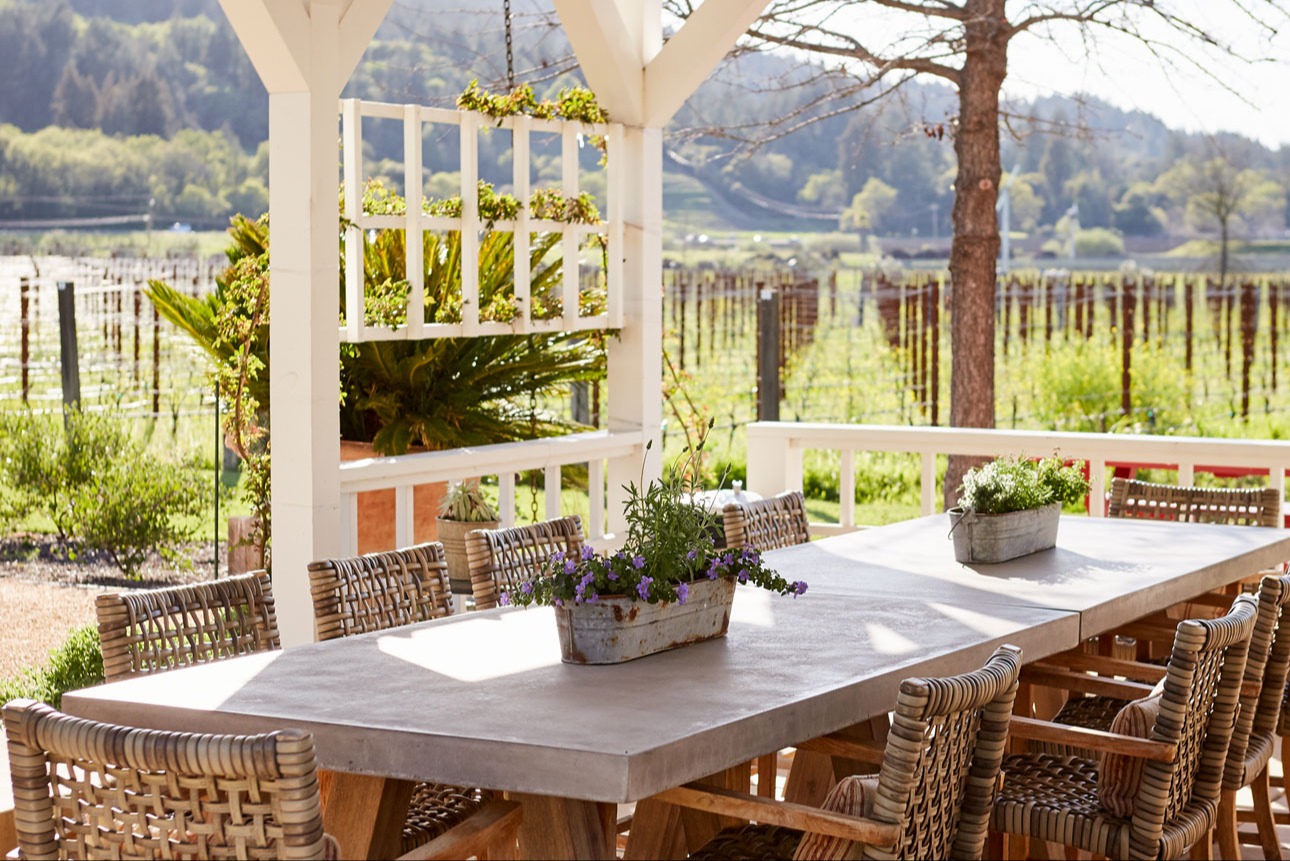 outdoor patio with vineyards in back view